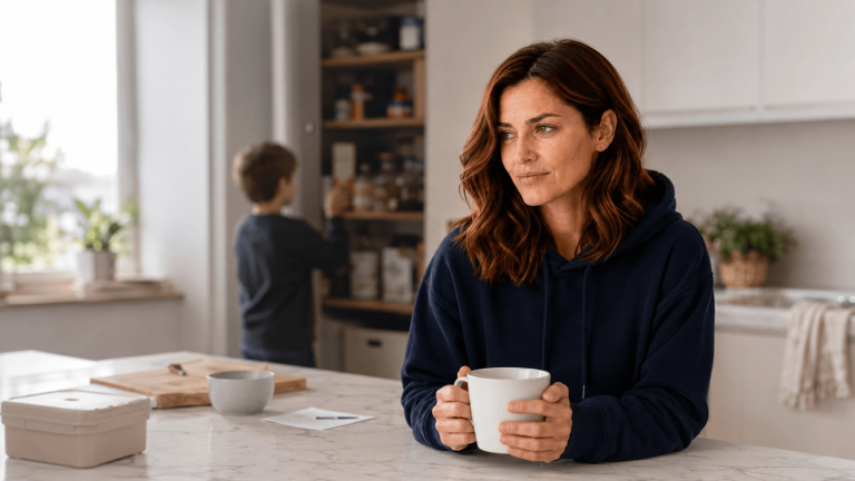 Mutter steht nachdenklich in der Küche, während im Hintergrund der Familienalltag weiterläuft – Symbolbild für die Frage, was Mental Load wirklich ist und warum die unsichtbare Verantwortung bei Müttern landet.