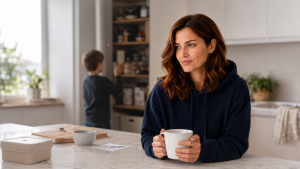 Mutter steht nachdenklich in der Küche, während im Hintergrund der Familienalltag weiterläuft – Symbolbild für die Frage, was Mental Load wirklich ist und warum die unsichtbare Verantwortung bei Müttern landet.
