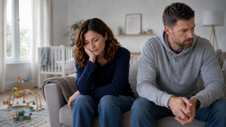Ein Paar sitzt nach einem Streit auf dem Sofa, beide wirken erschöpft und nachdenklich – Symbolbild für Beziehungskonflikte, emotionale Distanz und Mental Load.